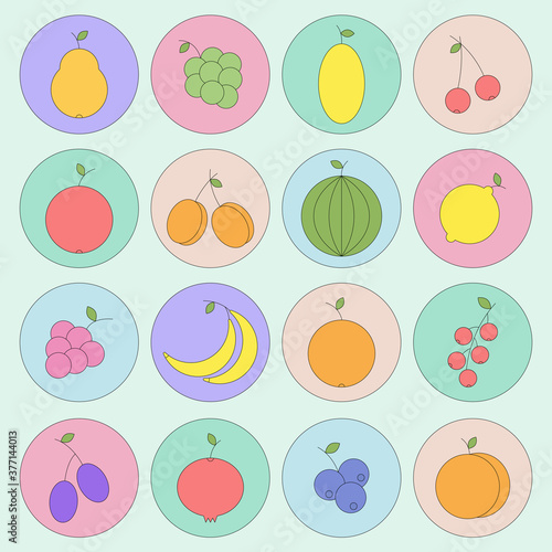 Fruit and berries pastel icons set on a color backgrounds. 