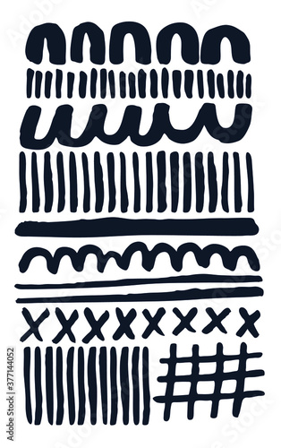 Abstract graphic design composition pattern. Hand painted organic geometric ink print. Contemporary vintage minimal Scandinavian home decor. Organic brush strokes lines curves navy blue silk screen