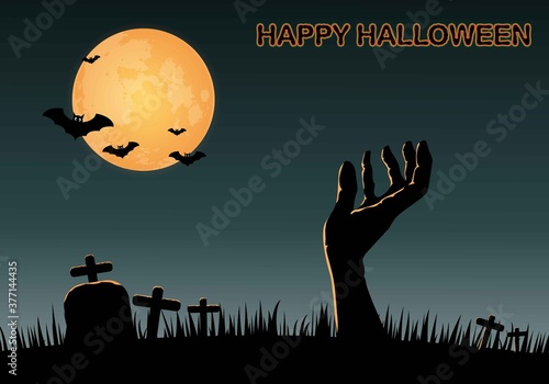 Happy Halloween. Hand rising from graveyard. Full moon background.