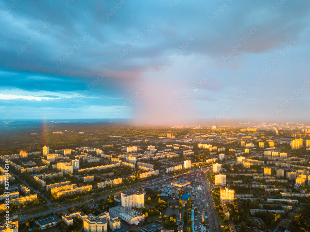 Fototapeta premium Aerial drone view. Rain over Kiev city.