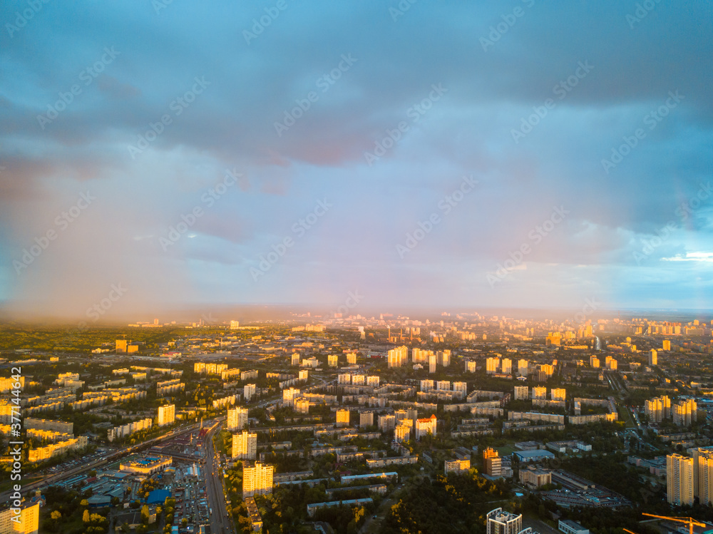 Fototapeta premium Aerial drone view. Rain over Kiev city.