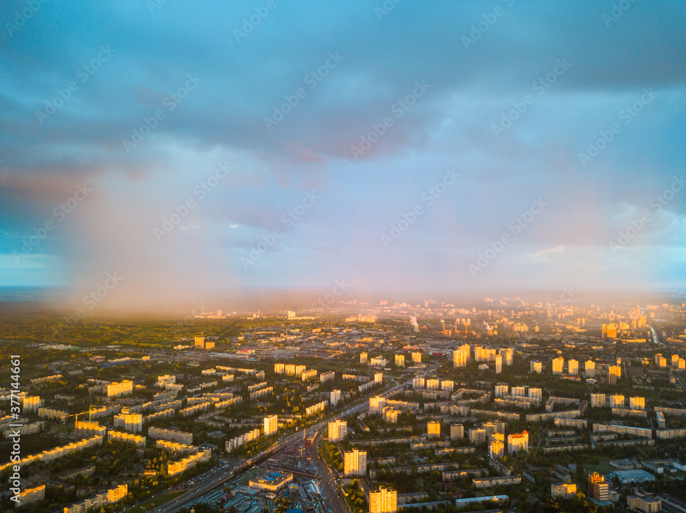 Aerial drone view. Rain over Kiev city.