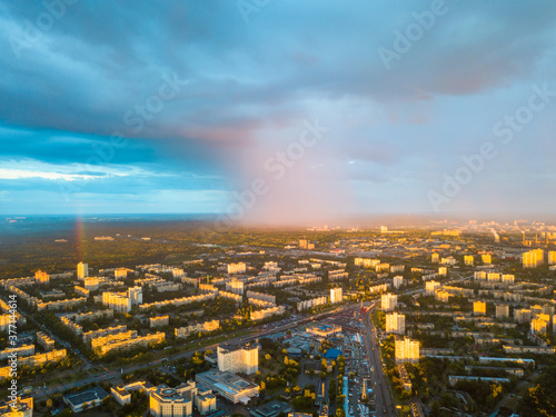 Aerial drone view. Rain over Kiev city.