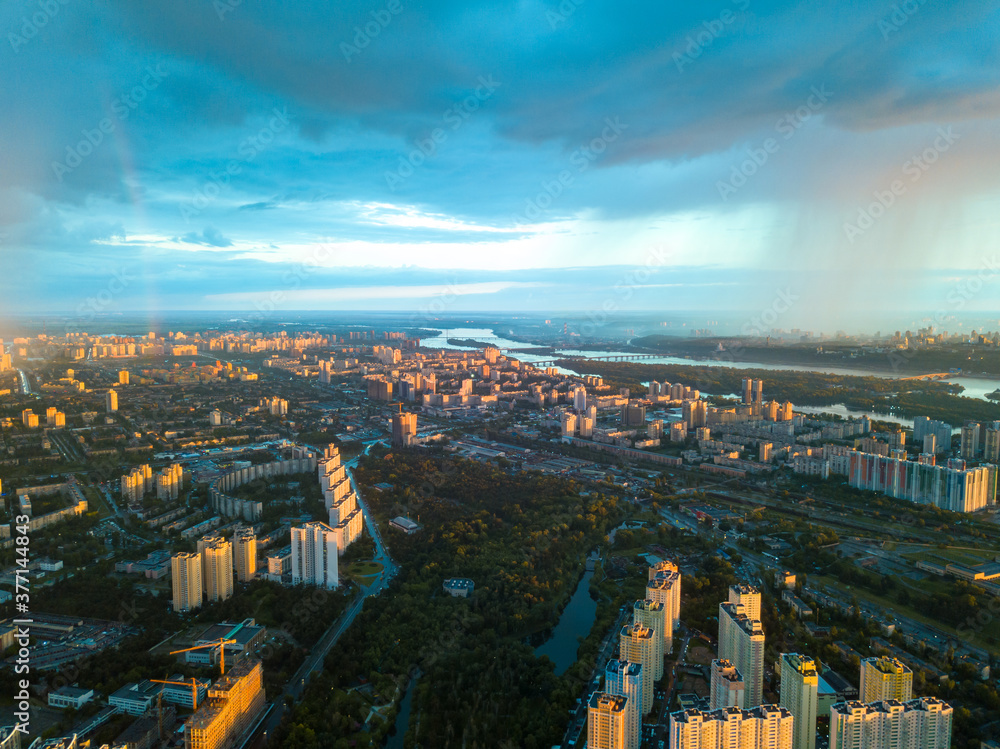 Fototapeta premium Aerial drone view. Rain over Kiev city.