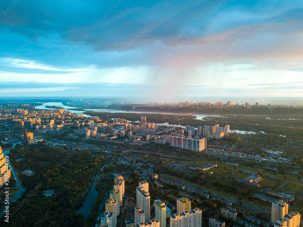 Obraz premium Aerial drone view. Rain over Kiev city.