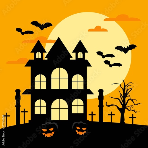 Halloween festival and celebration haunted house, coffin or casket with graveyard, castle, moon, bat