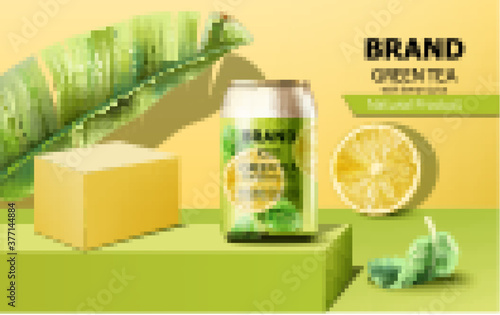 Composition of a can of iced green tea on podium surrounded by mint, lemon slice and tropical leaf. With place for text. Realistic