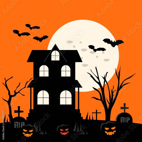 Halloween festival and celebration haunted house, coffin or casket with graveyard, castle, moon, bat