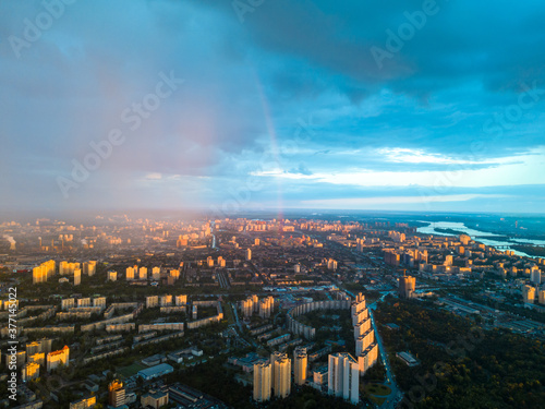 Aerial drone view. Rain over Kiev city.