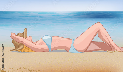 Young blonde woman in blue swimsuit and hat laying on the beach near the water. Relaxing in nature