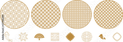 Round decorative elements with geometric and floral patterns.