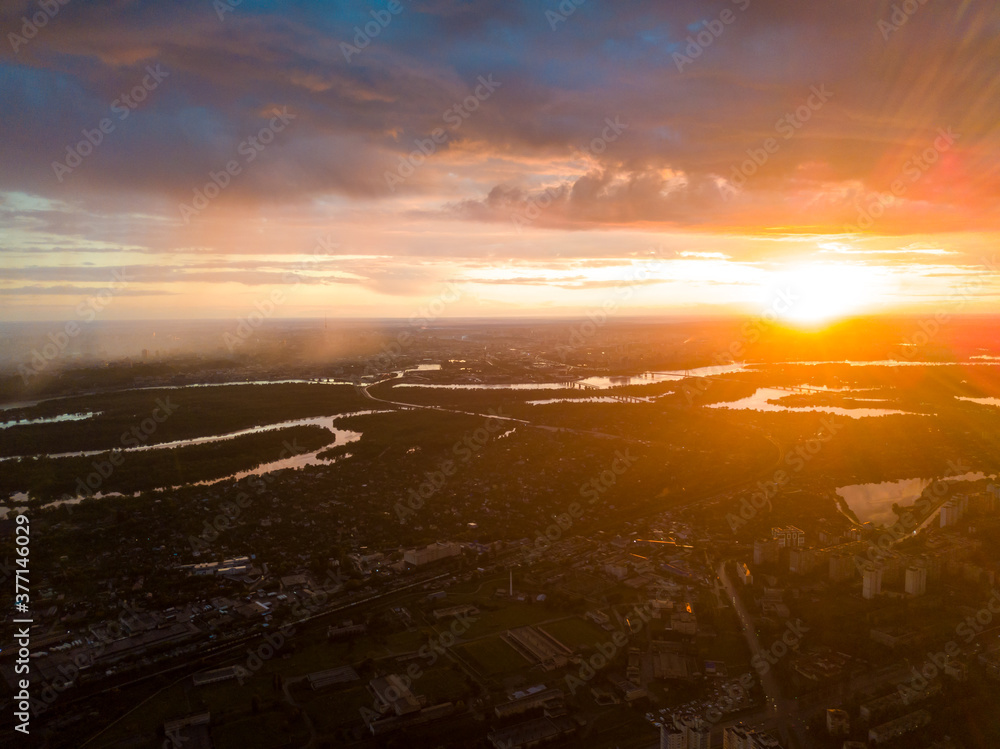 Aerial drone view. Sunset over Kiev city.