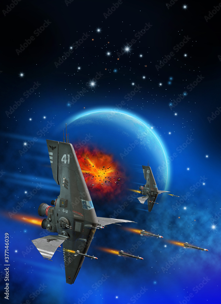Fototapeta premium spaceship launching rockets and earth, space wars