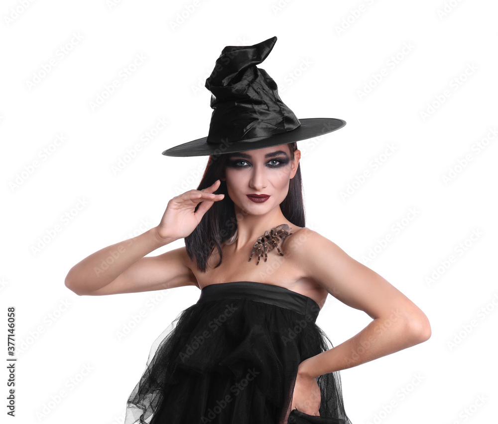 Mysterious witch in hat with spider on white background Mysterious witch in hat with spider on white background