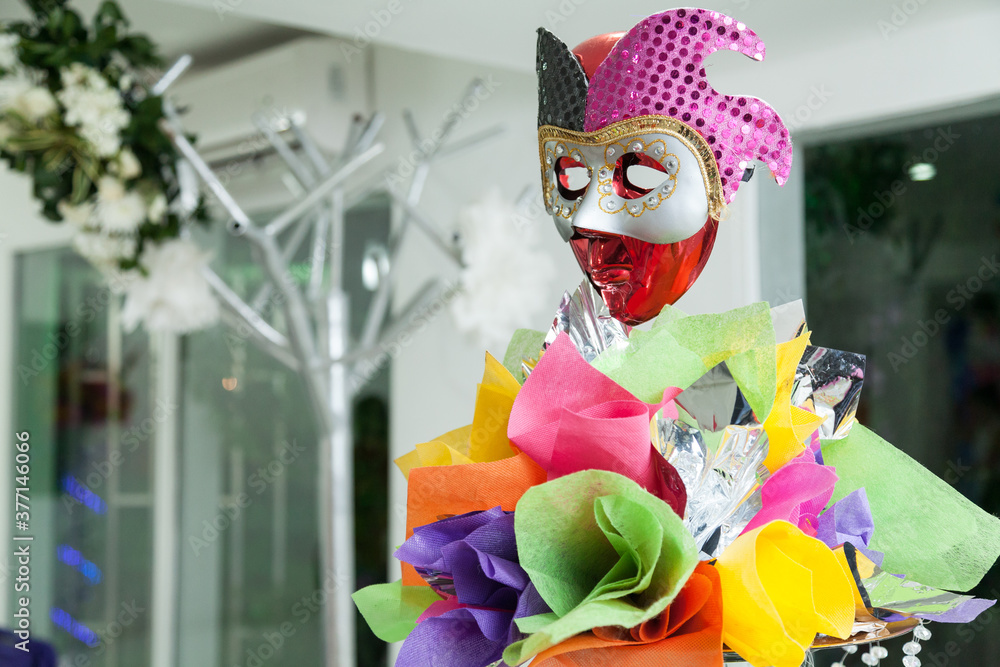 Thematic Decoration For Celebration And Parties; Reception Room With Colorful Decorations And Masks.