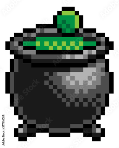 A Halloween witch cauldron eight bit retro video game style pixel art icon