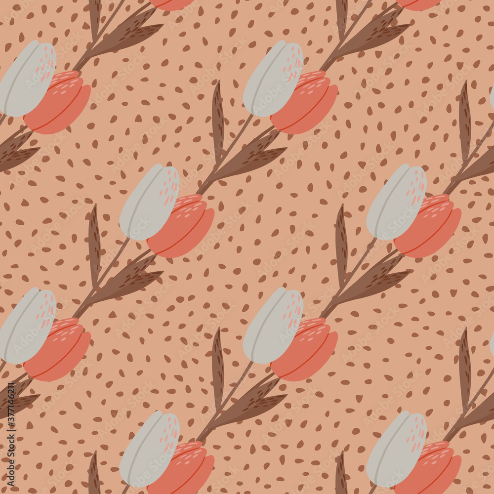 Tulip flower ornament seamless pattern. Doodle floral elements with grey and red buds on pale pink dotted background. Tulip flower ornament seamless pattern. Doodle floral elements with grey and red buds on pale pink dotted background.
