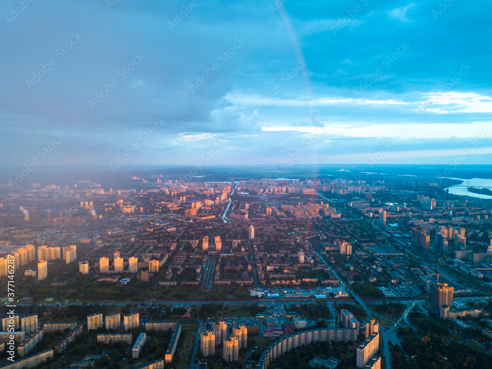 Obraz premium Aerial drone view. Rain over Kiev city.
