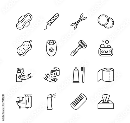Personal hygiene products flat line icon set. Editable strokes.