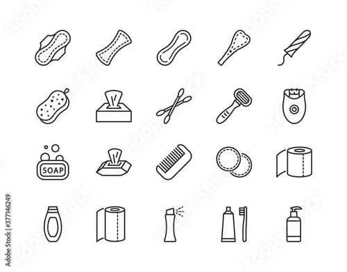 Personal hygiene products flat line icon set. Sanitary pads, soap, washcloth, cotton pads, toothbrush, napkin, razor Editable strokes