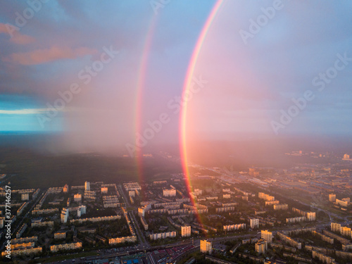 Aerial drone view. Double rainbow on a rainy evening over Kiev city.