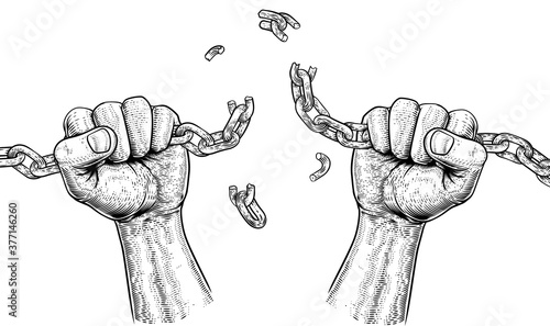Hands in fists breaking a chain freedom concept design