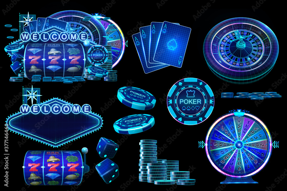 Welcome Rollete Casino elements collection with wireframe style computer generated slot ...