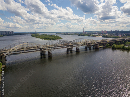 Aerial drone view. Darnitsky railway and automobile bridge in Kiev.