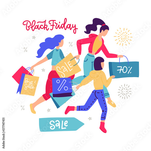 Women carrying shopping paper bag running for sales. Girls hurrying for seasonal sale in store, shop, mall, showroom. Female customers enjoying discounts. Black Friday lettering design. Flat vector