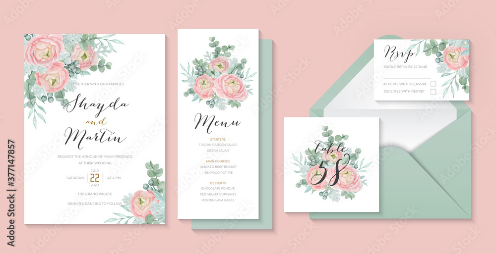 Pastel wedding invitation template with beautiful ranunculus flower, eucalyptus and dusty miller