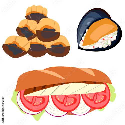 Hand-drawn vector Turkish street food: chestnuts, fish with vegetables sandwich,stuffed mussels. Balık ekmek,Midye dolma,Kestane isolated on white background.