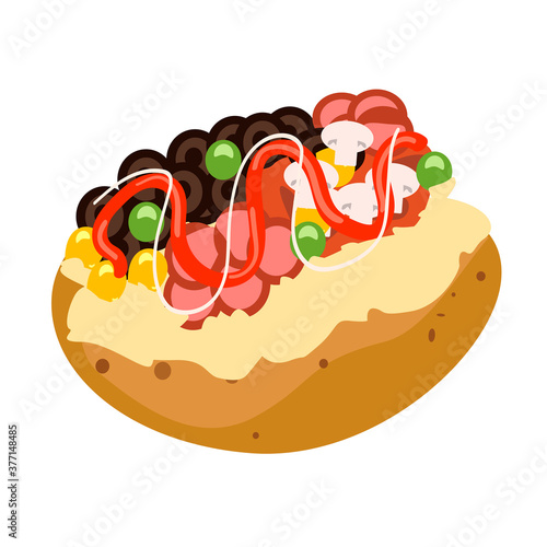 Popular Turkish fast food Kumpir. Potatoes with different fillings and toppings. Isolated  vector dish on a white background.