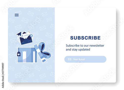 Banner of email marketing. Subscription to newsletter, news, offers, promotions. Present with letter in an envelope. Mock up template. Subscribe. Send by mail. Follow me. Blue