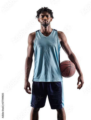 one afro-american african basketball player man isolated in silhouette shadow on white background photo