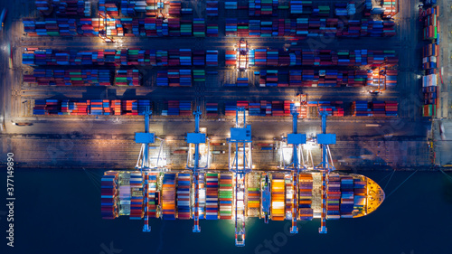 Aerial view container ship at night, import export commerce global business trade logistic and transportation worldwide by container cargo ship boat, Freight shipping maritime.