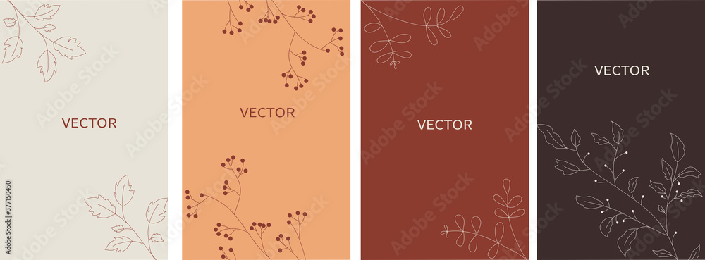 Vector set of abstract backgrounds in minimal style with doodle branch and space for text. Design for social media stories, card, invitation.