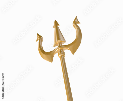 golden trident antique weapon, 3d render illustration ancient steel devil spear