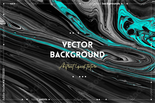 Fluid art texture. Background with abstract mixing paint effect. Liquid acrylic picture with trendy mixed paints. Can be used for website background. Black, white and azure overflowing colors