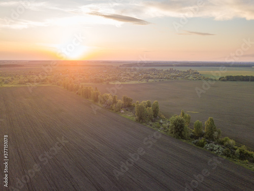 Aerial view. Agricultural field in the rays of the sunset.