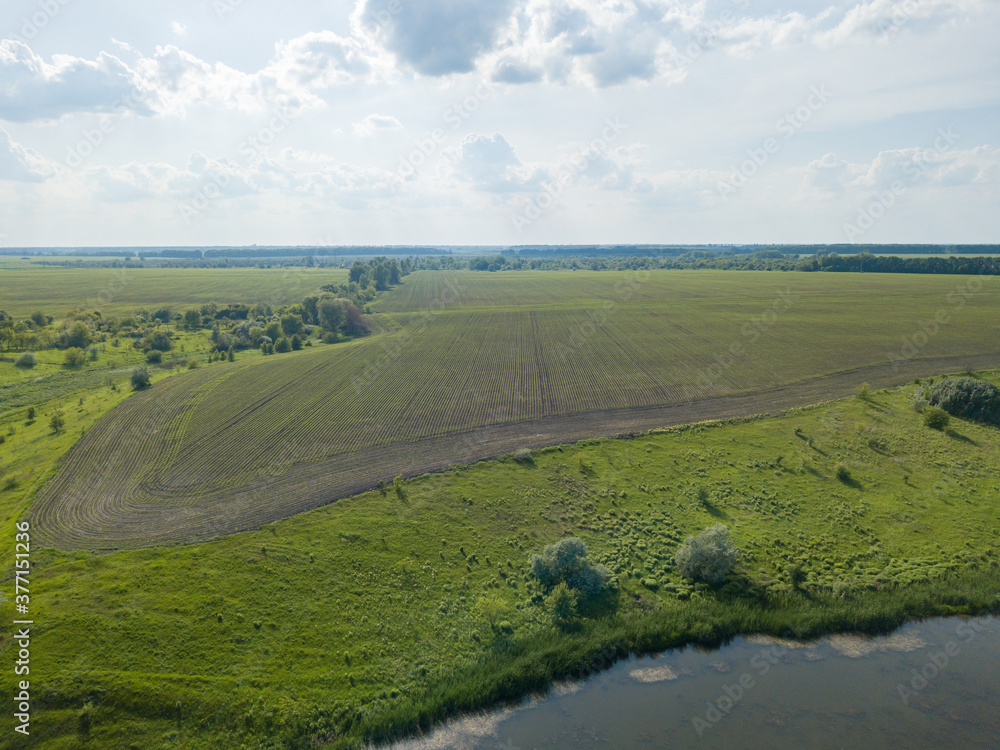 Aerial drone view. Ukrainian agricultural fields.