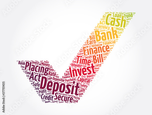 Deposit check mark word cloud collage, business concept background