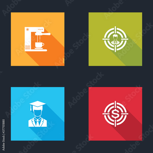 Set Coffee machine and cup, Head hunting, Graduate with graduation cap and Target dollar icon. Vector.