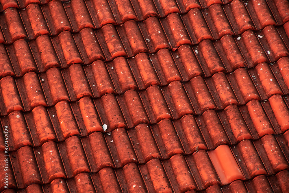 Dirty roof tiles of a European house reading the traditions of architecture Dirty roof tiles of a European house reading the traditions of architecture