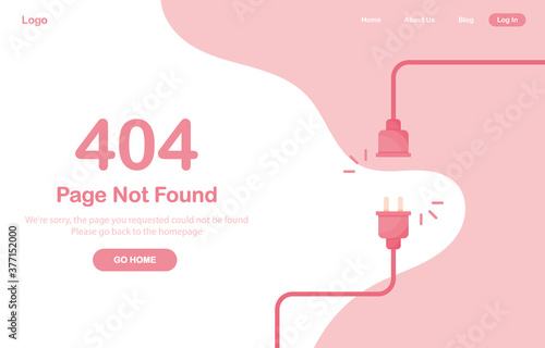 Vector illustration 404 error page not found banner. System error, broken page. Disconnected wires from the outlet. Cable and socket. Cord plug. For website. Web Template. Blue. Eps 10
