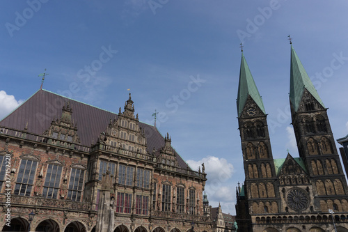 Bremen, Germany - August 16, 2019: old city hall building and "St. Petri Dom" at the historic marketplace