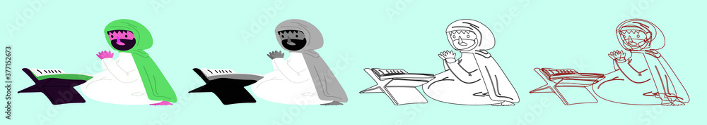 set of muslim man reading holy quran. Ramadan kareem flat cartoon icon design template with various models. vector illustration