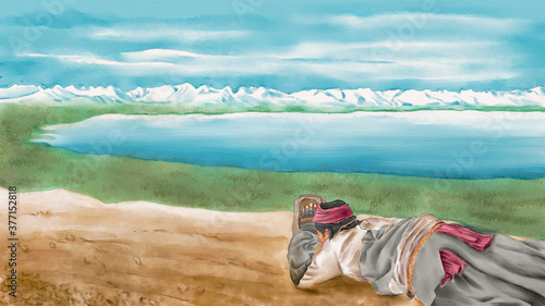 Watercolor Illustration of pilgrim prostrating and worshiping on the dirt road beside the holy lake. Mountain ranges in the background. A religious landscape background.
