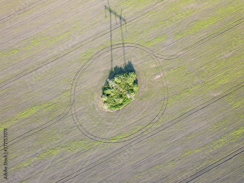 Aerial drone view. Power line poles in agricultural field