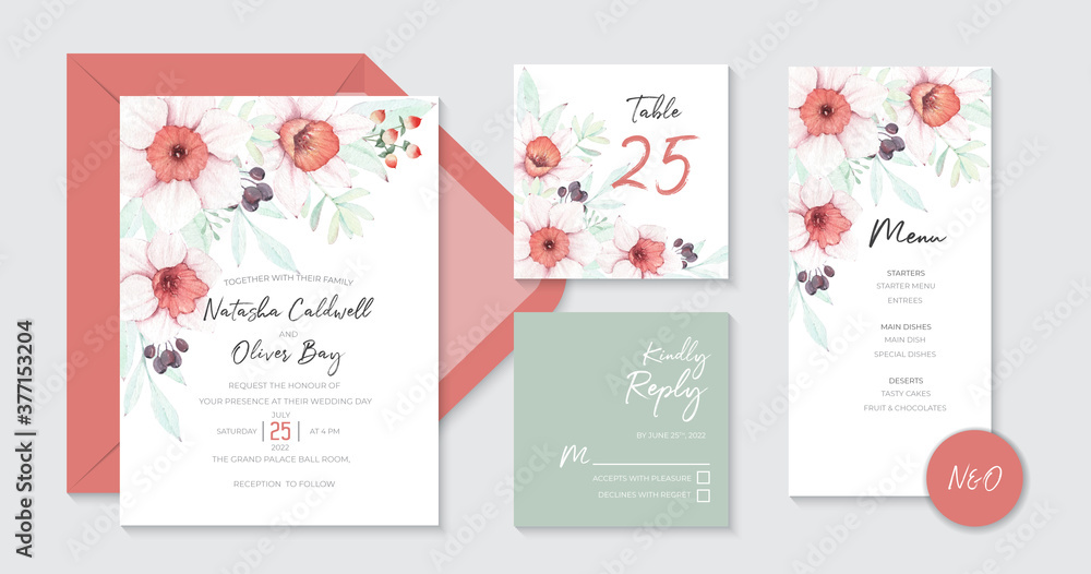 Plakat Wedding Invitation design template with beautiful Daffodil flowers