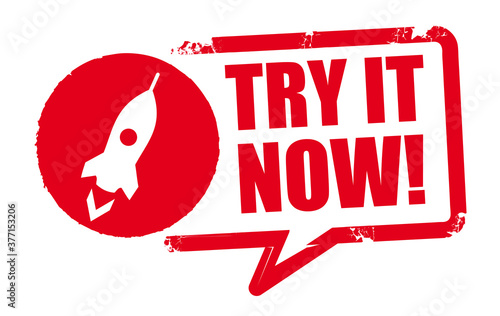 try it now now - red grunge rubber stamp on white background